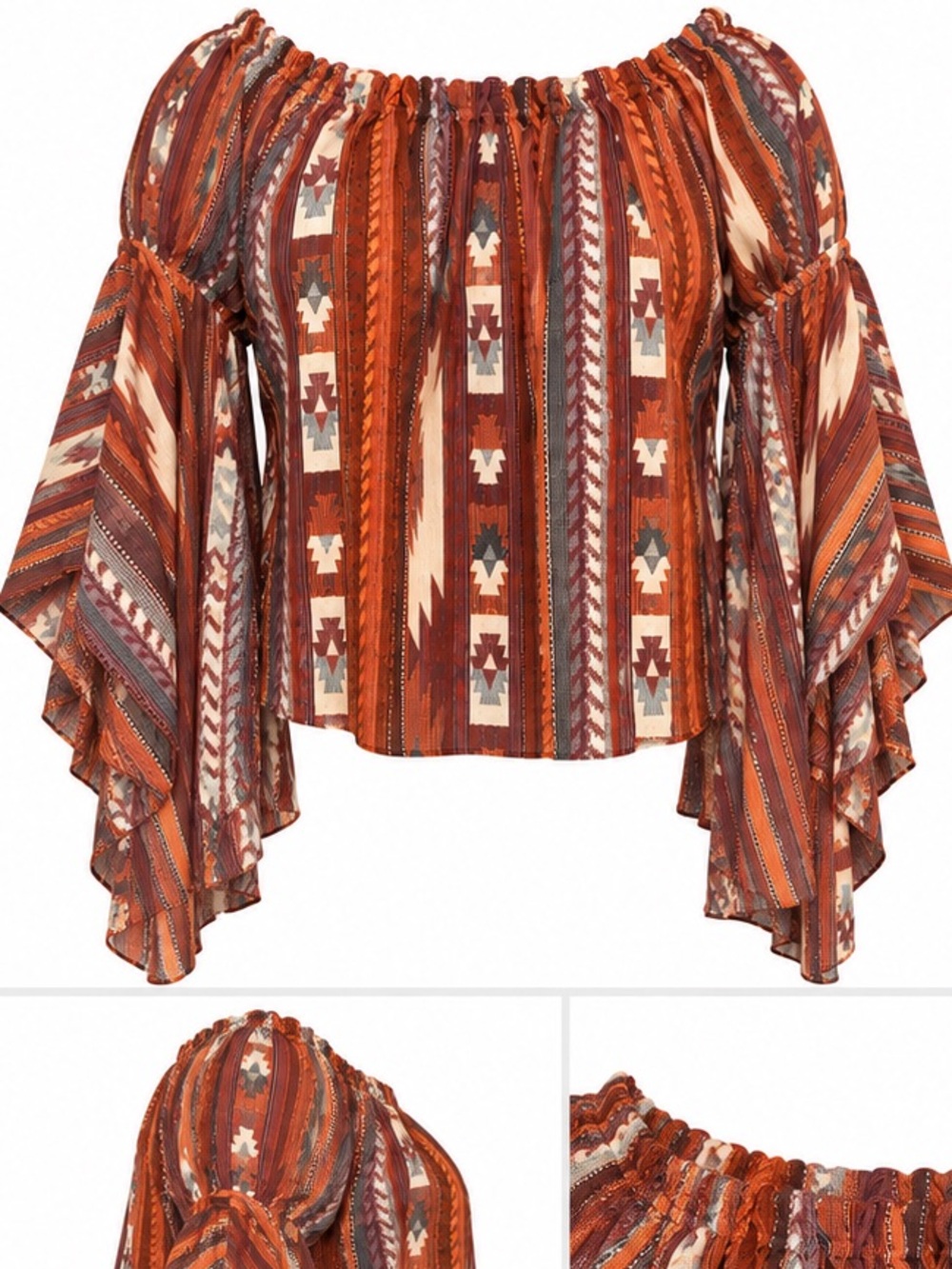 Cato Rust Aztec-Print Off-Shoulder Ruffle Blouse